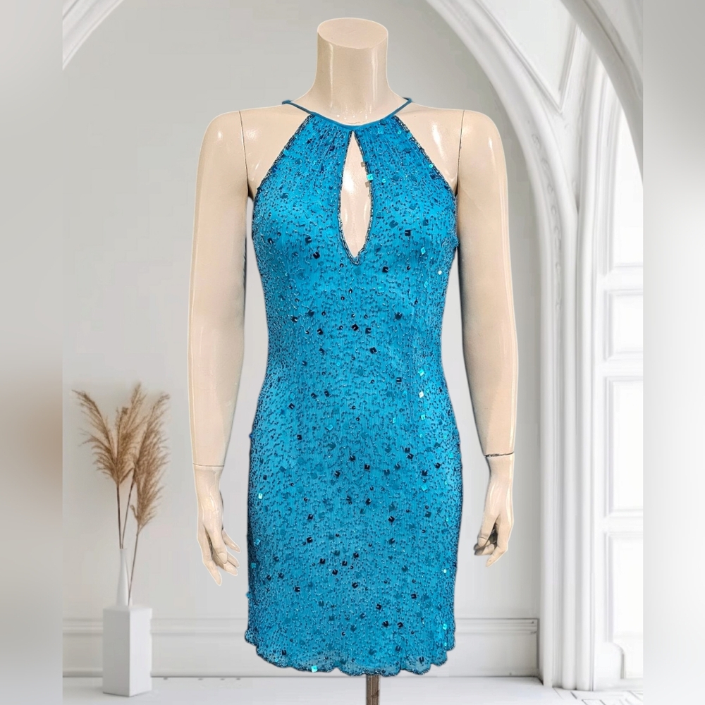 NINA AUSTIN Silk Blue Beaded Sequin Keyhole Halter Mini Shift Cocktail Dress S
